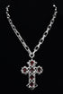 Stainless steel cross necklace with red stones on a black background.